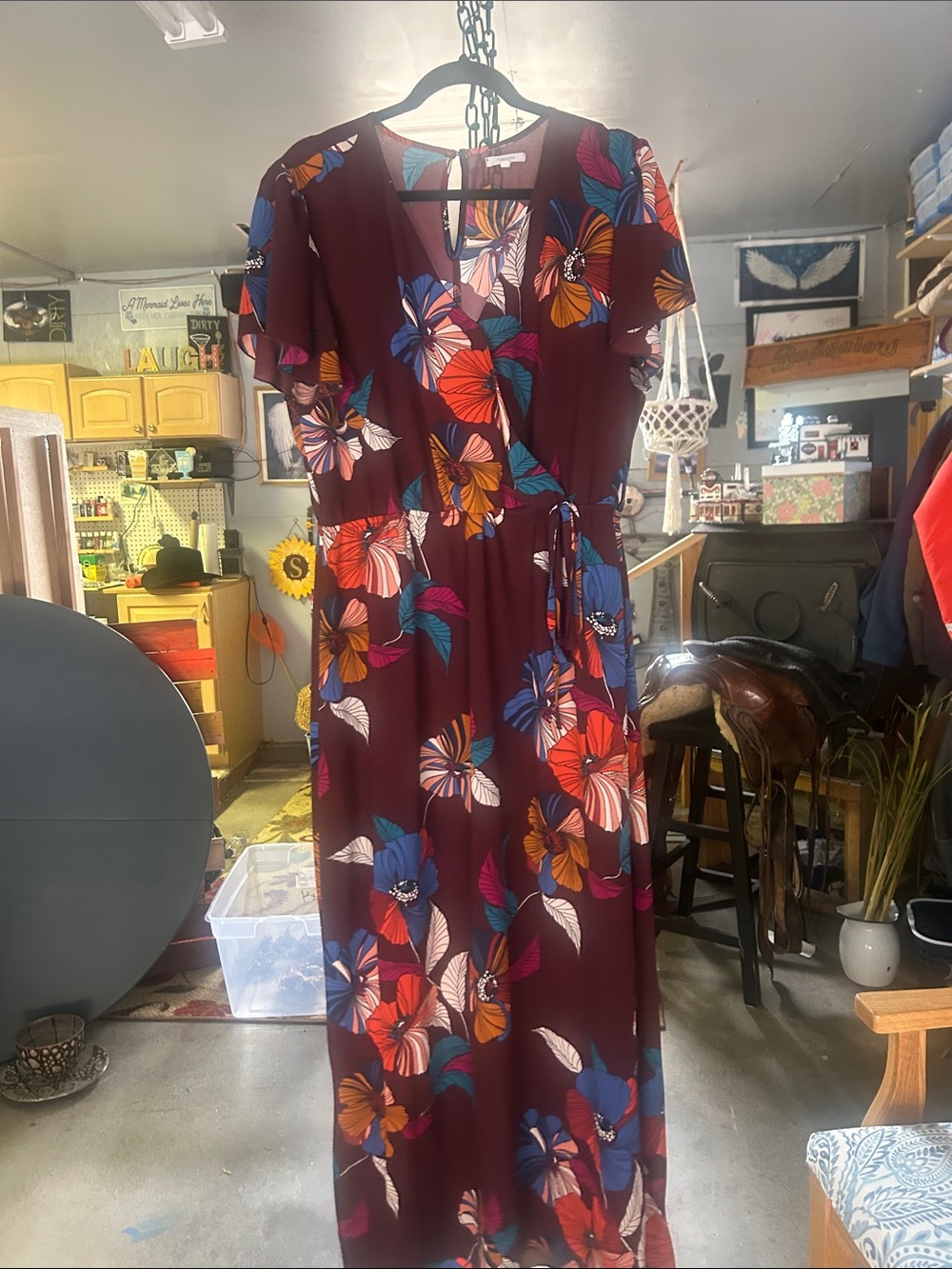 Maurices Burgundy Floral Wrap Maxi Dress with Multicolor Blooms